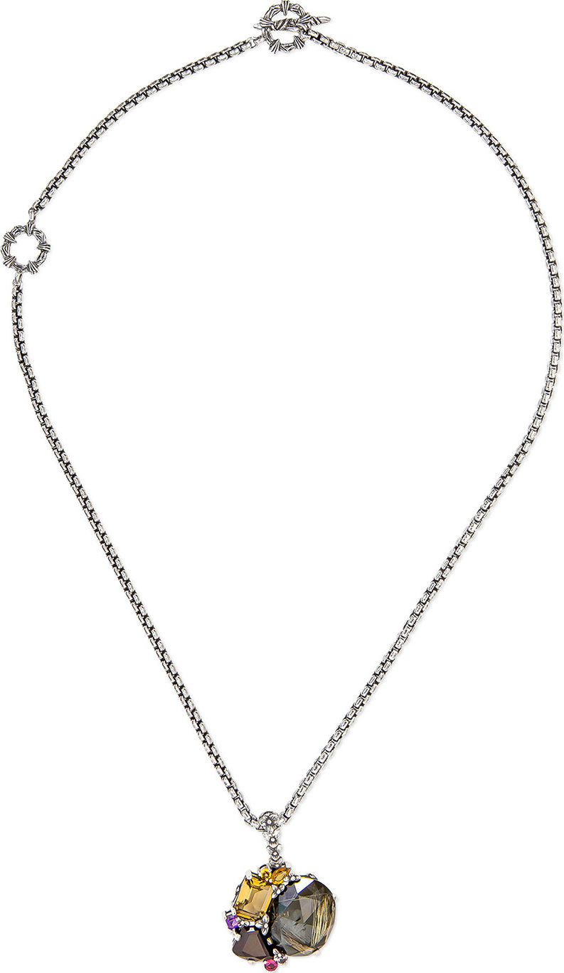 Stephen Dweck Flower Engraved Pendant Necklace w/ Mixed Stones