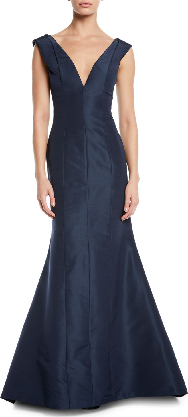 Carolina Herrera Pleated-Shoulder V-Neck Gown