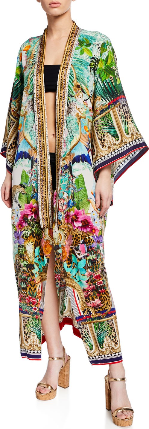 Camilla Printed Silk Long Kimono Coverup