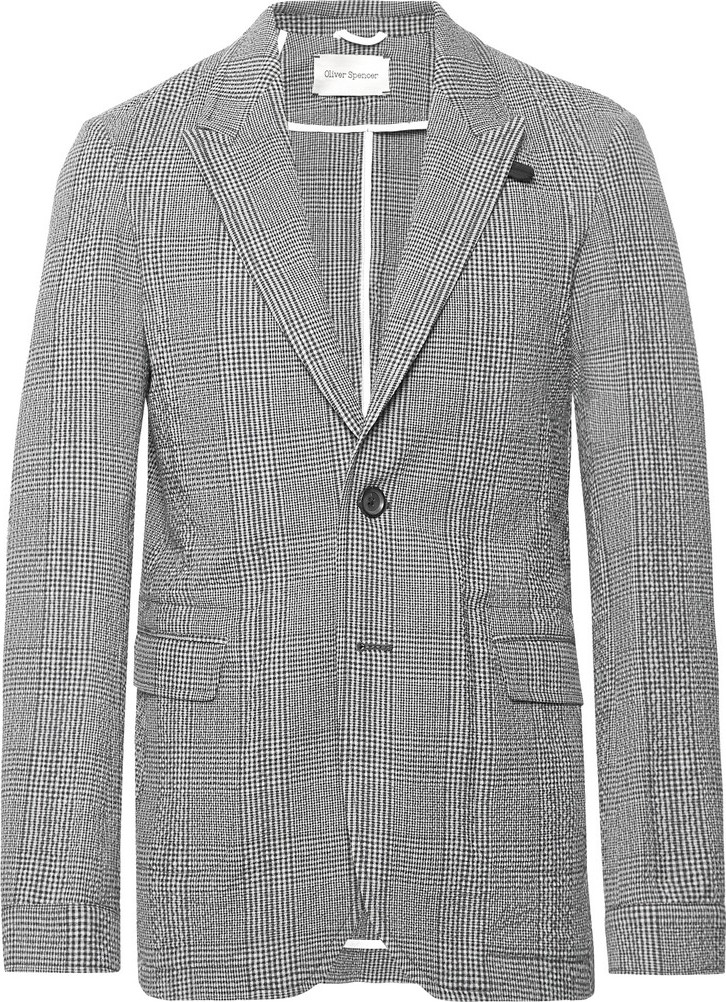 Oliver Spencer Midnight-Blue Brookes Slim-Fit Checked Cotton-Blend Seersucker Suit Jacket