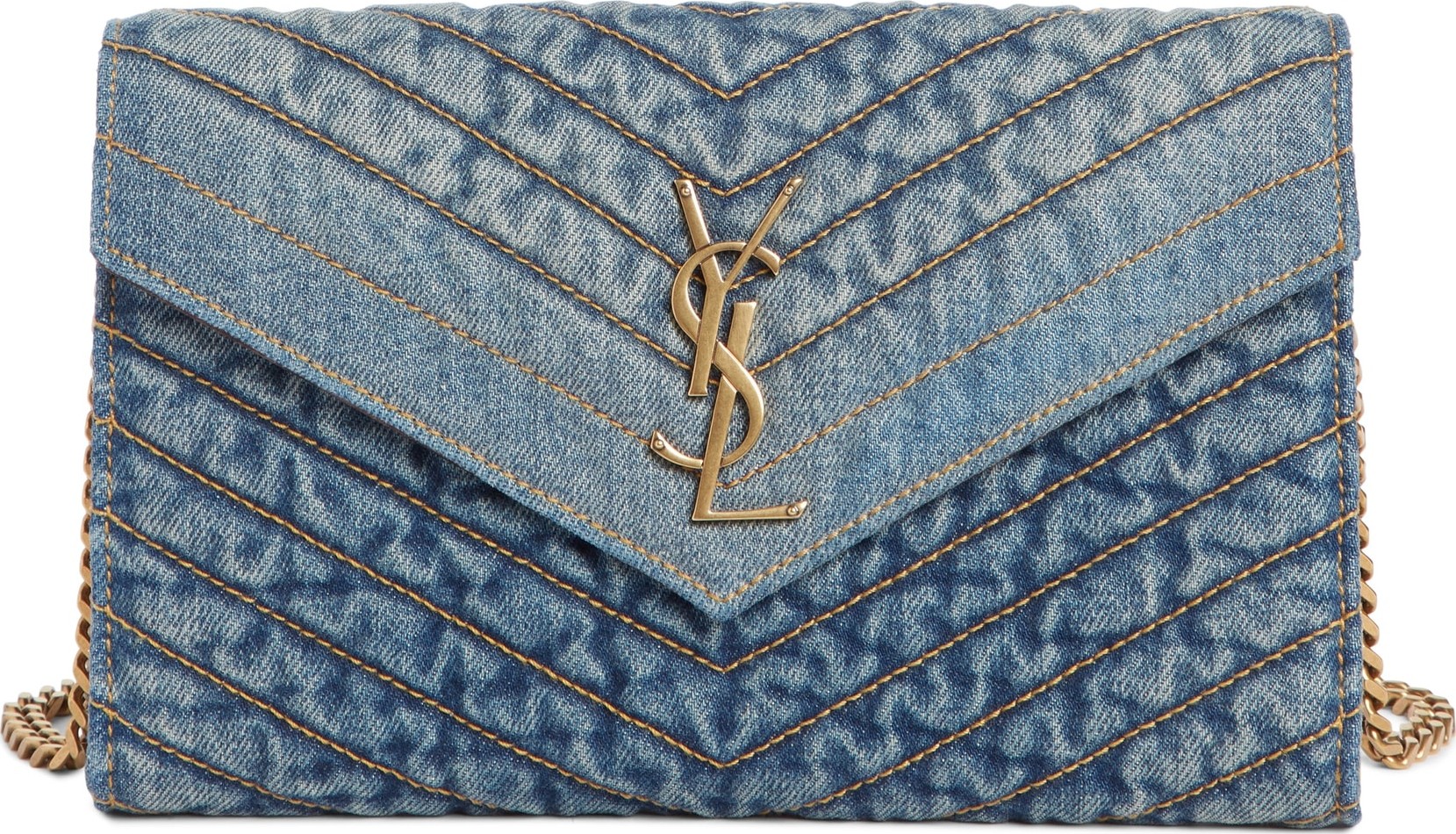 Saint Laurent Matelassé Denim Wallet on a Chain