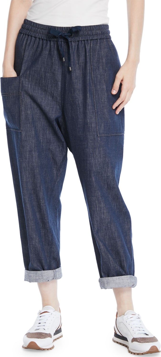 Brunello Cucinelli Drawstring Wide-Leg Pull-On Denim Pants w/ Monili Trimmed Pockets