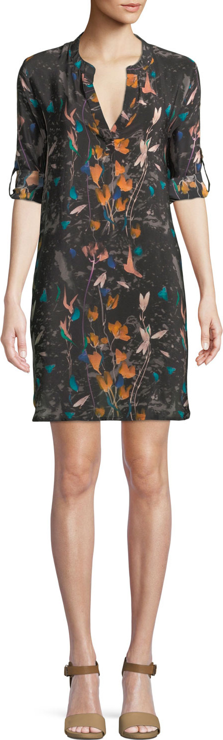 Tolani Skyler Roll-Sleeve Floral-Print Silk Long Tunic Dress