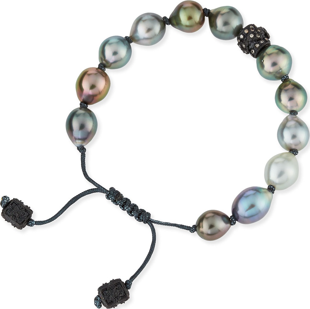 Armenta Old World Tahitian Pearl Pull-Cord Bracelet with Champagne Diamonds