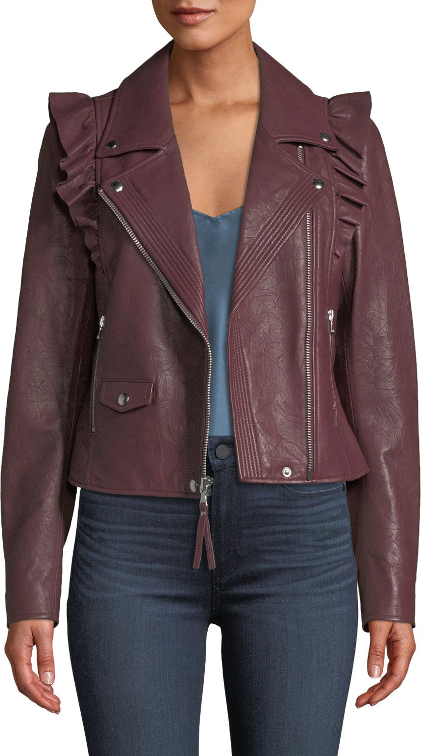 PAIGE Annika Zip-Front Ruffled-Trim Lamb Leather Moto Jacket