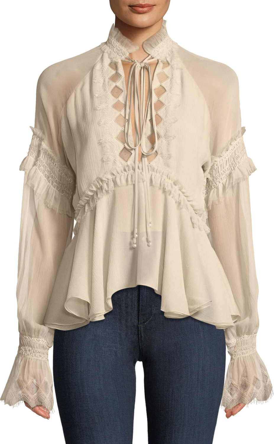 Jonathan Simkhai Silk Blouson-Sleeve Top with Lace