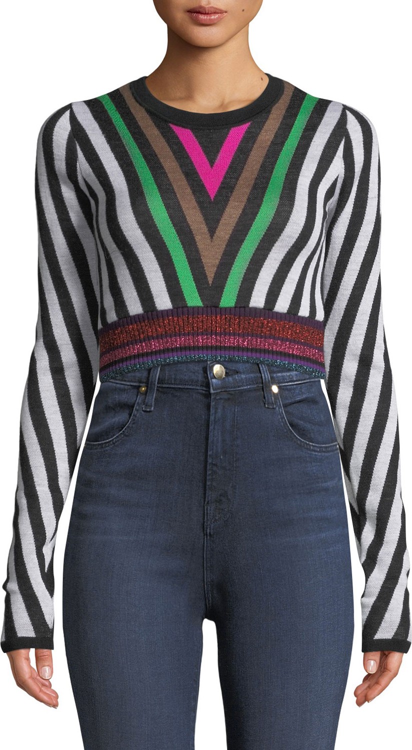 DIANE von FURSTENBERG Chevron-Stripe Long-Sleeve Cropped Sweater