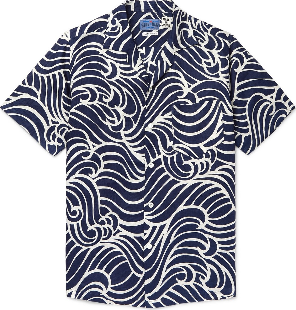 Blue Blue Japan Camp-Collar Printed Linen Shirt