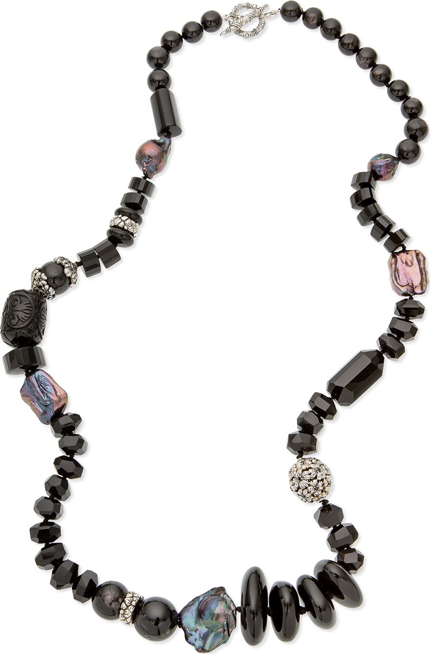 Stephen Dweck Long Carved Black Agate Bead Necklace