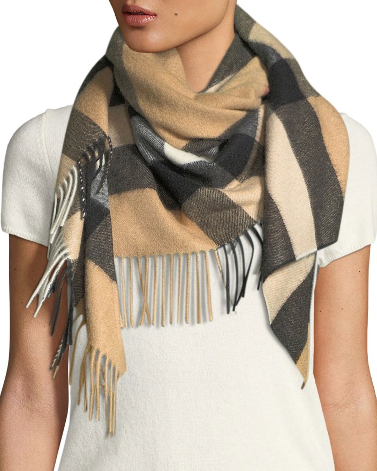 Burberry London England Cashmere Checkered Fringe Bandana Scarf