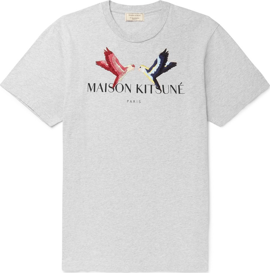 Maison Kitsune Embroidered Logo-Print Mélange Cotton-Jersey T-Shirt