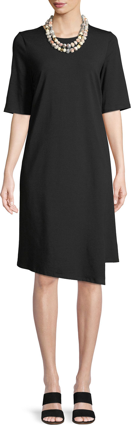 Eileen Fisher Half-Sleeve Asymmetric-Hem Cotton Shift Dress
