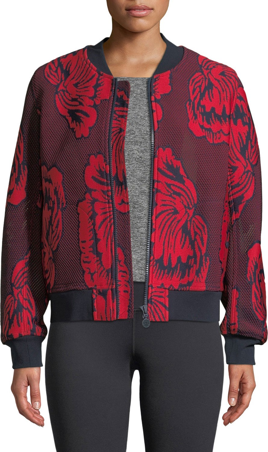 Tory Sport Soho Floral-Embroidered Mesh Bomber Jacket