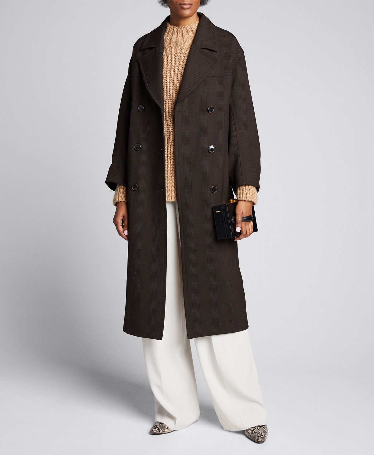 Ganni Double-Breasted Check Long Coat