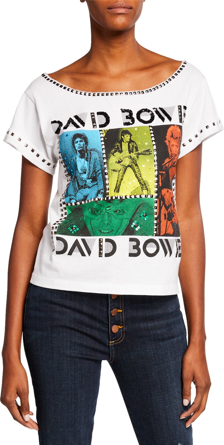 Alice + Olivia Mikey David Bowie Embellished Wide-Neck Tee with Studs