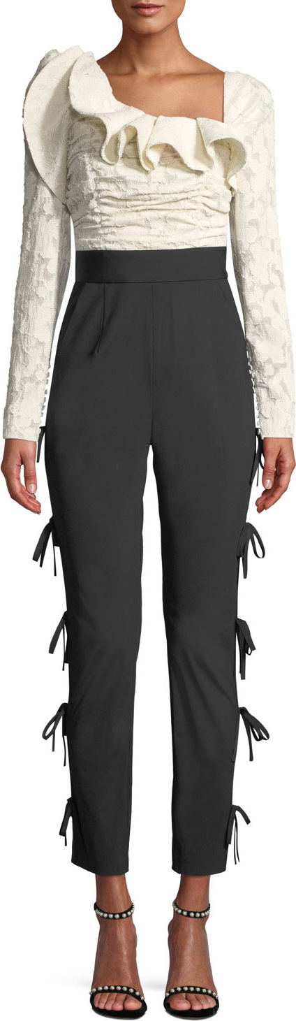 Self Portrait Ruffle Side-Tie Shirred Jumpsuit