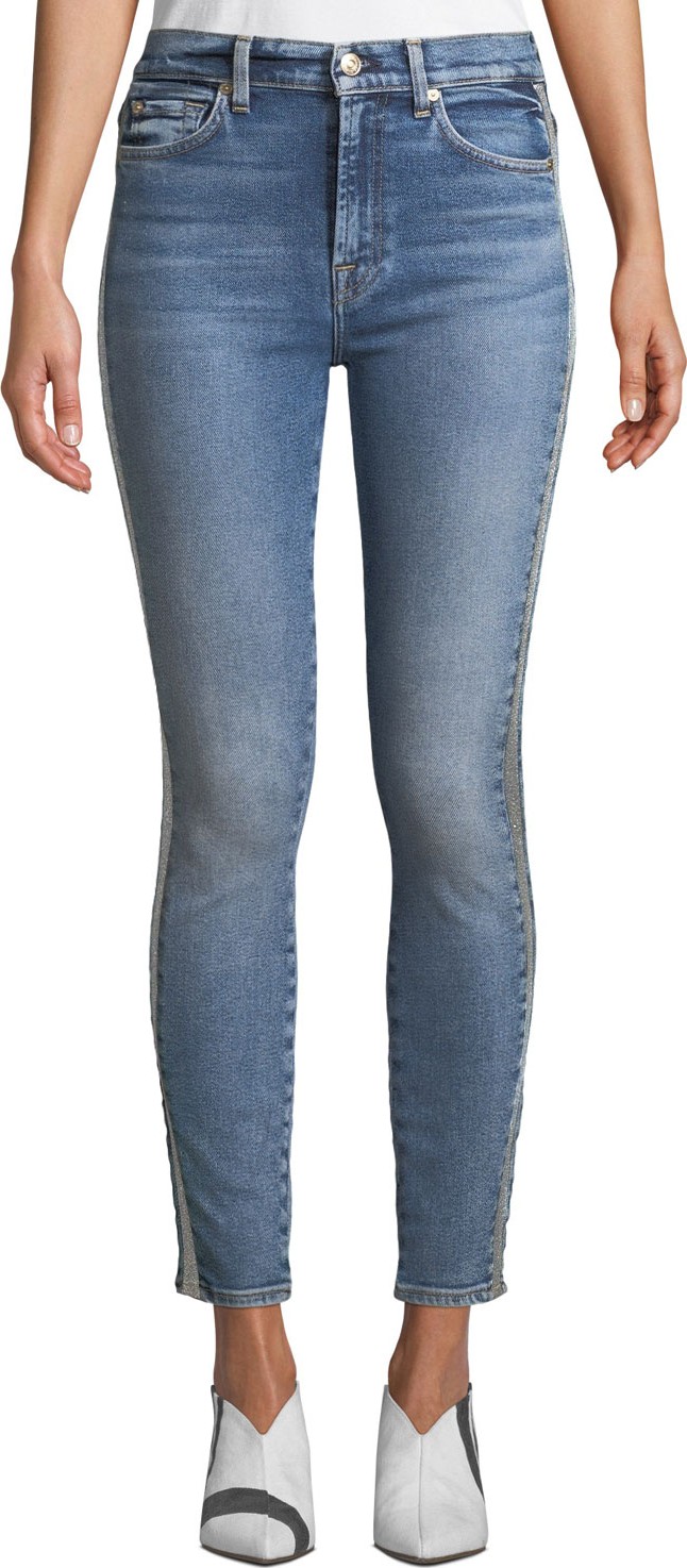 7 For All Mankind High-Waist Ankle Skinny Jeans with Metallic Stripes
