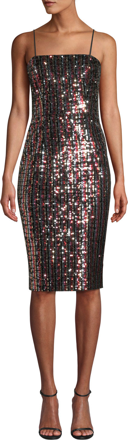 MILLY Chrystie Square-Neck Sleeveless Striped Sequin Cocktail Dress