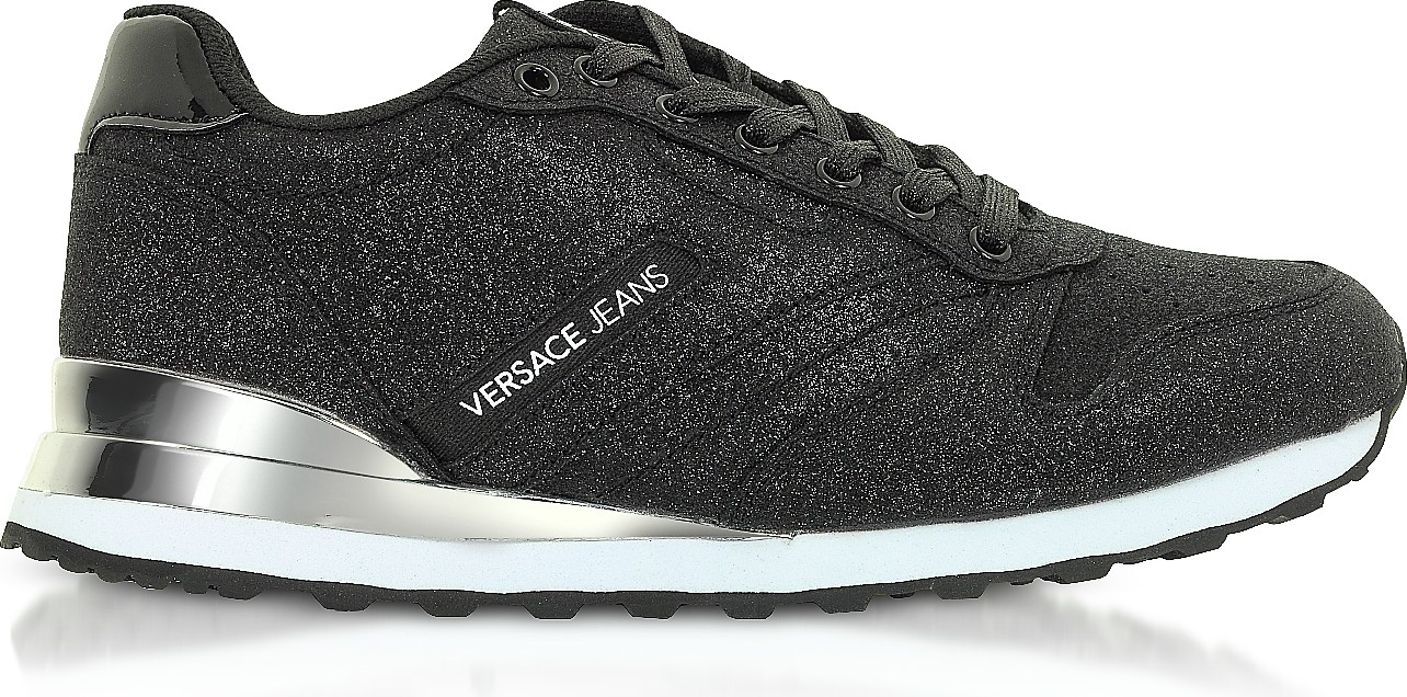 Versace Amber Black Glittering Textured Canvas Women's Sneakers