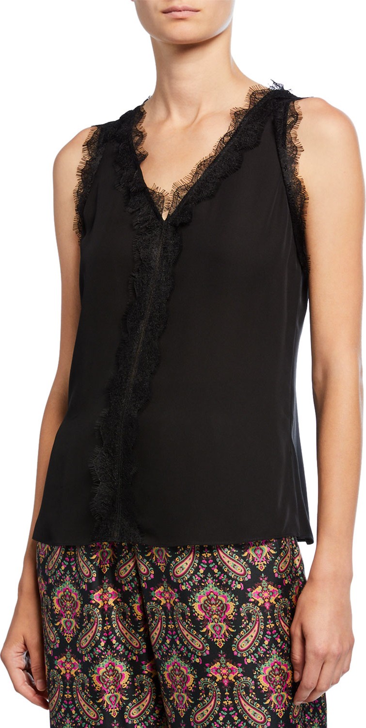 KOBI HALPERIN Evelyn V-Neck Sleeveless Silk Blouse with Lace