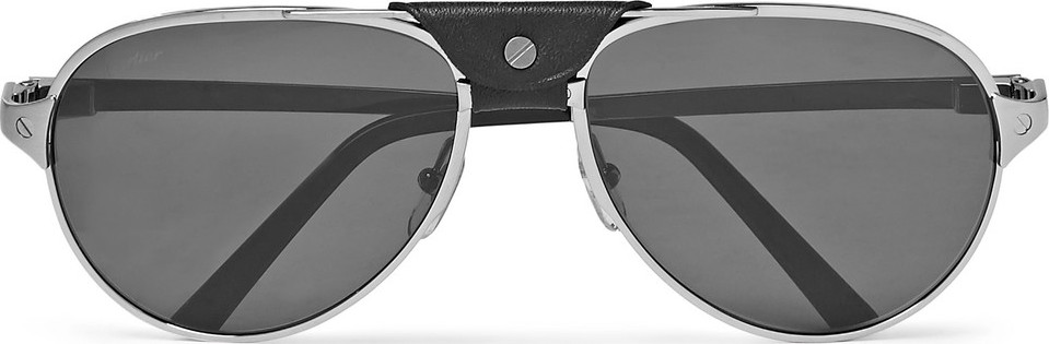 Cartier Santos de Cartier Aviator-Style Leather-Trimmed Silver-Tone Sunglasses