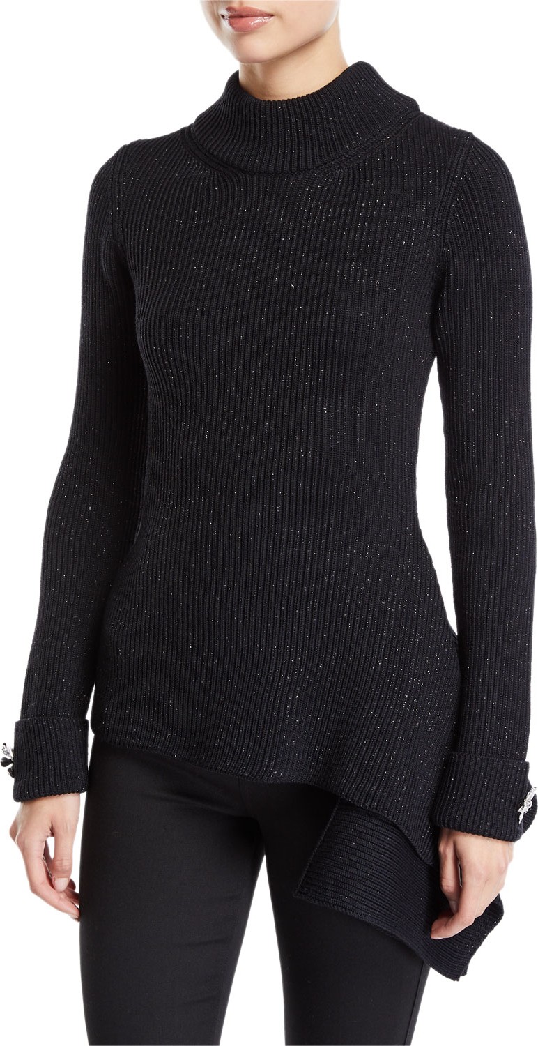 Oscar De La Renta Mock Neck Floral-Cuff Asymmetric Sweater