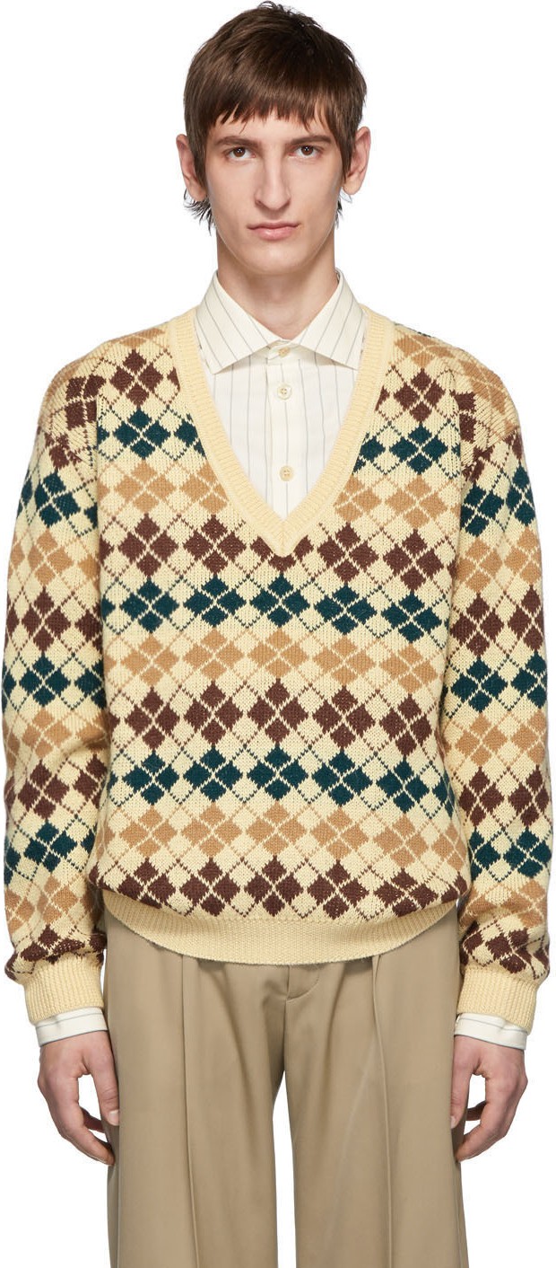 Gucci Beige Argyle Wool V-Neck Sweater