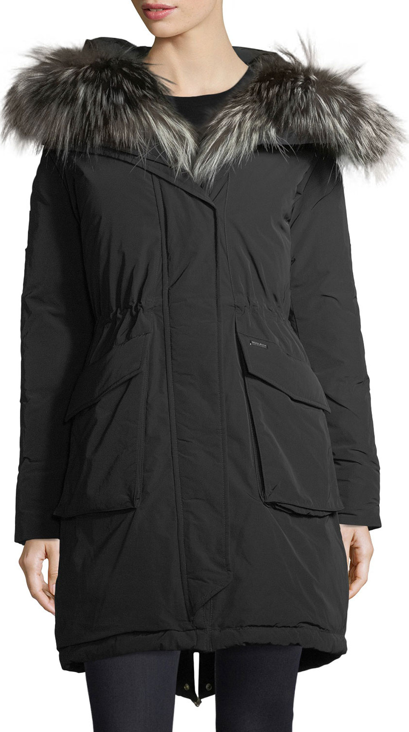 Woolrich Military Hooded Midi Parka Coat w/ Fur Trim
