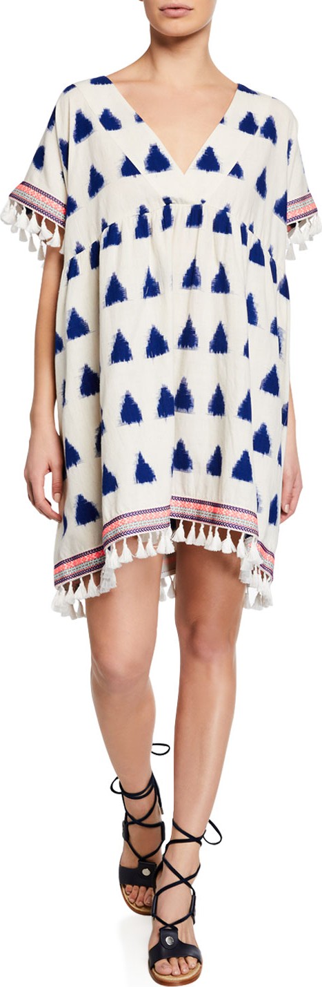 Tessora Luna Short-Sleeve Coverup Dress with Tassel Trim
