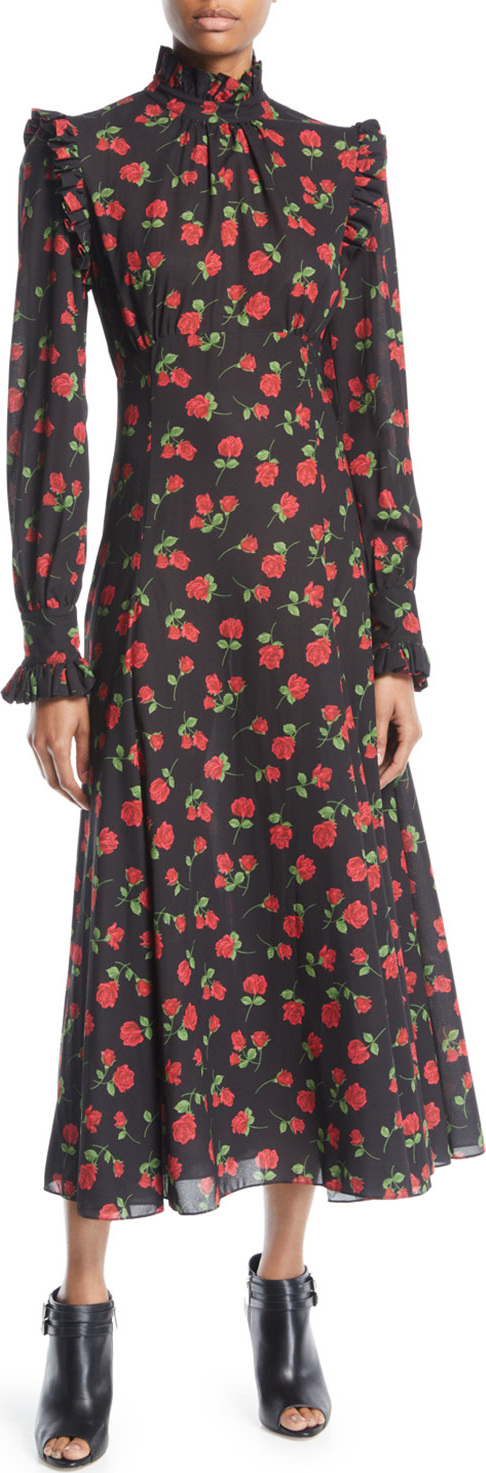 Michael Kors Collection Ruffled Turtleneck Long-Sleeve Rose-Print Georgette Long Dress