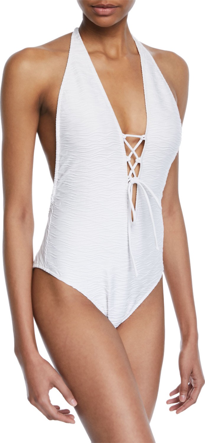 MILLY Lace-Up Halter Textured One-Piece Swimsuit