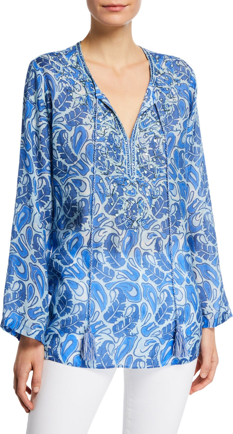 Bella Tu Abby Split-Neck Long-Sleeve Tunic w/ Tassel Ties & Beaded Trim