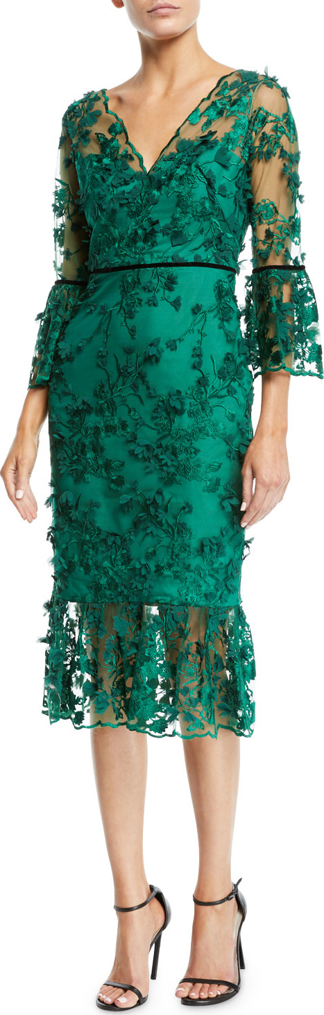Marchesa Notte Bell-Sleeve Embroidered 3D Flower Dress