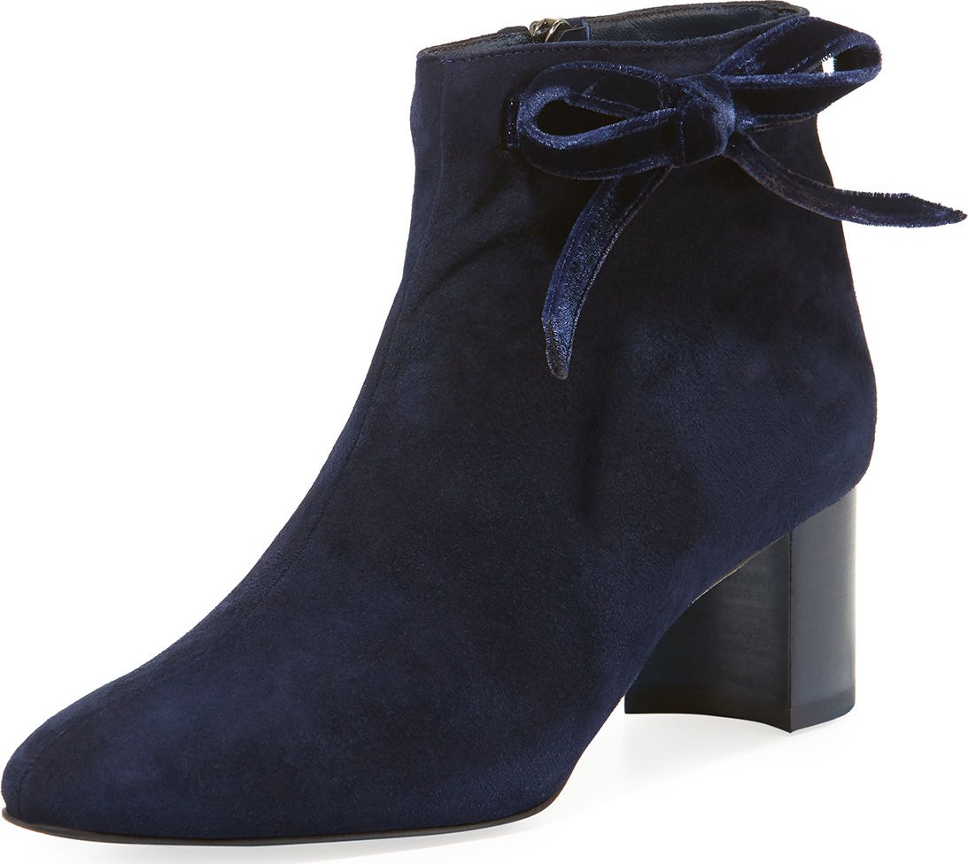 Manolo Blahnik Dilov Velvet-Bow Suede Block-Heel Bootie