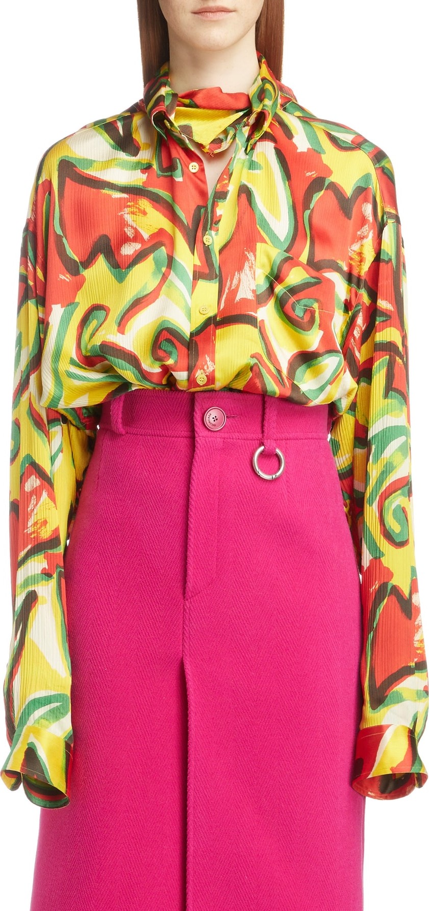 Balenciaga Couture Floral Print Satin Crépon Shirt