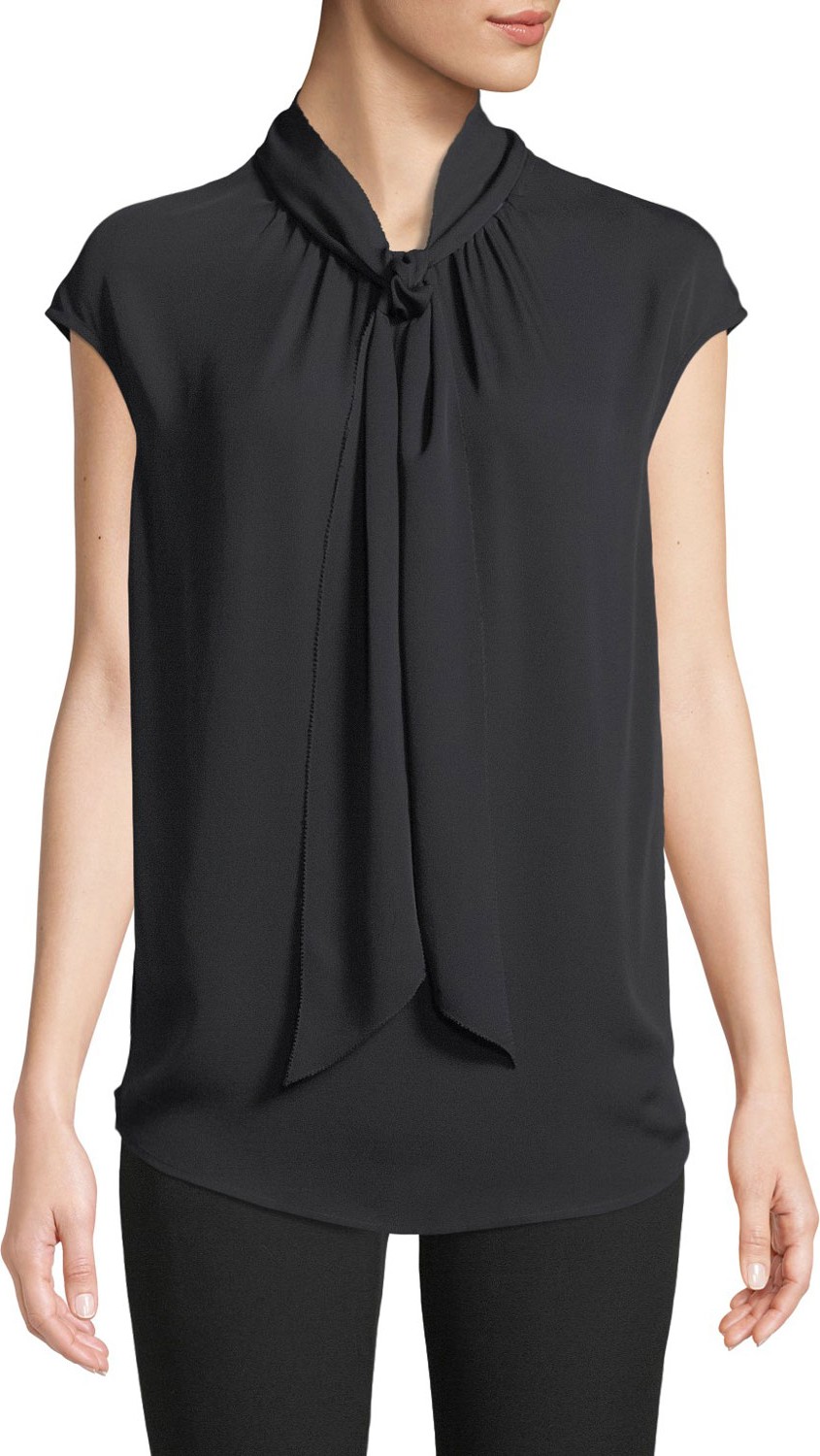 St. John Tie-Neck Cap-Sleeve Silk Georgette Shell