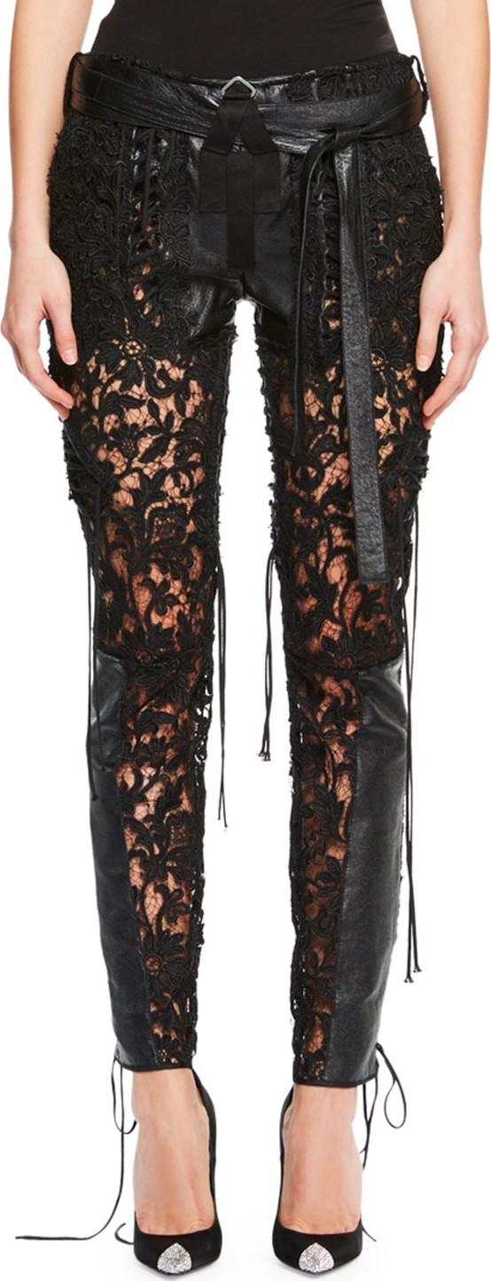 Saint Laurent Leather & Lace-Paneled Pants