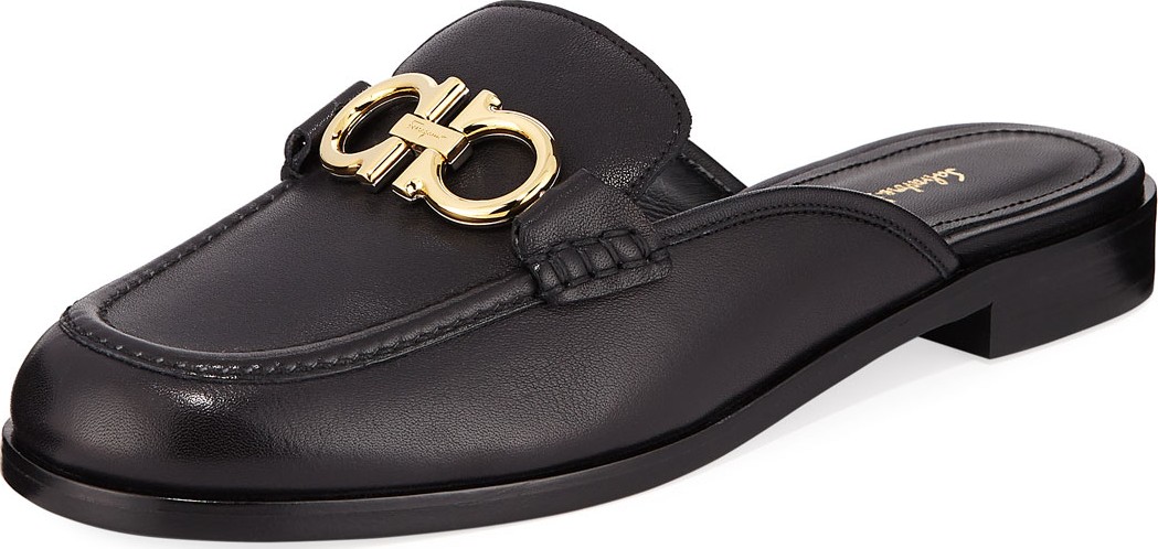 Salvatore Ferragamo Viggio Flat Leather Mule Loafers with Reversible Gancini Bit