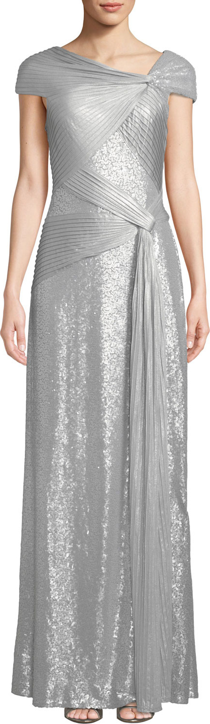 Tadashi Shoji One-Shoulder Metallic Pintuck Gown