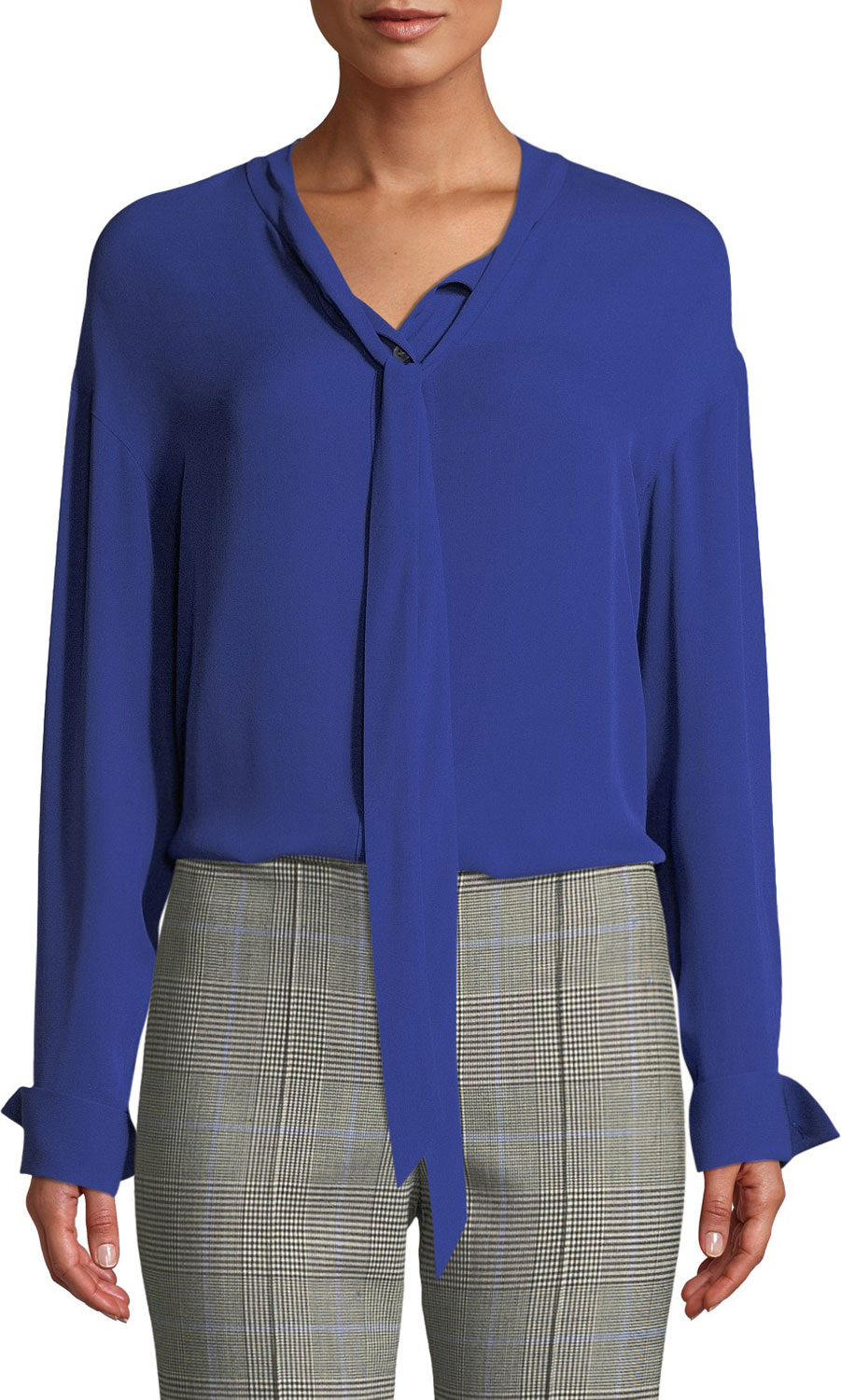 Theory Weekender Tie-Neck Long-Sleeve Classic Georgette Silk Top