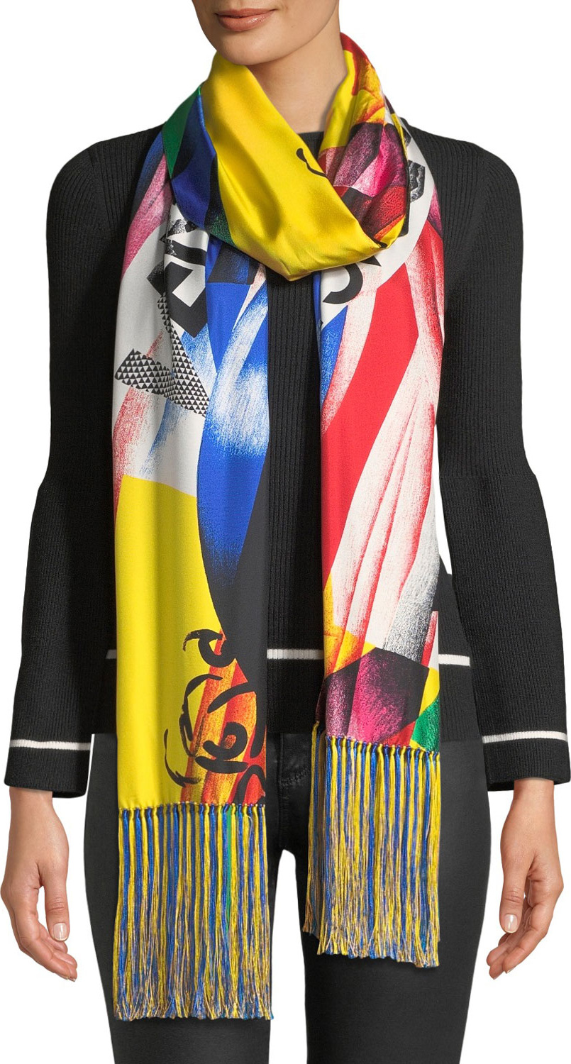 Versace Collection Clash-Print Silk Scarf w/ Tassel Ends