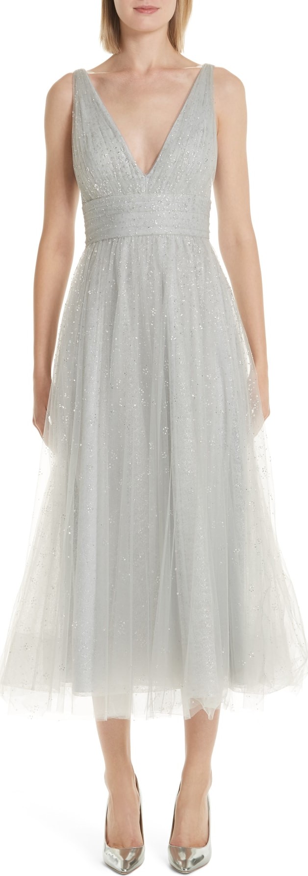 Marchesa Notte Glitter Tulle Tea Length Dress