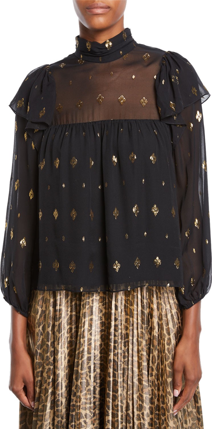 A.L.C. Meloni High-Neck Metallic Ruffle Top