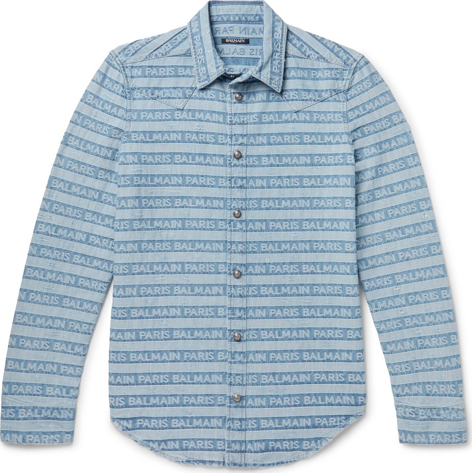 Balmain Slim-Fit Logo-Jacquard Distressed Denim Western Shirt