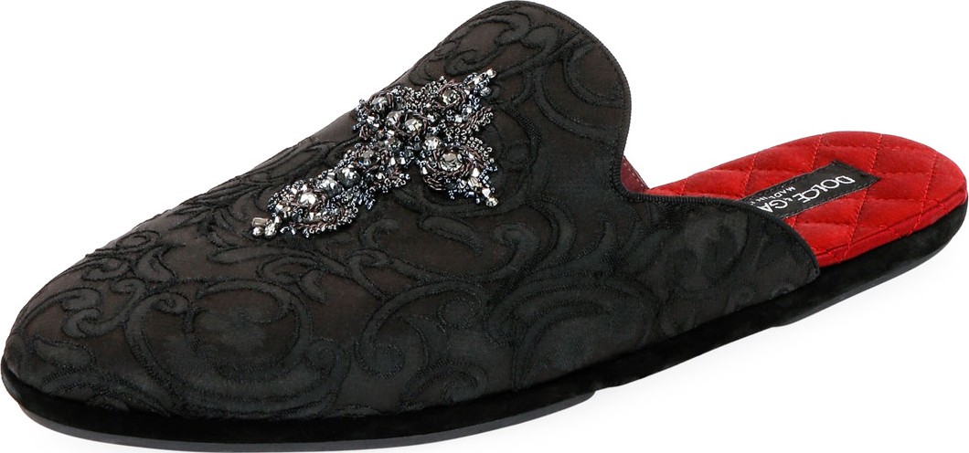 Dolce & Gabbana Men's Da Camera Jacquard Slippers with Crystal Cross