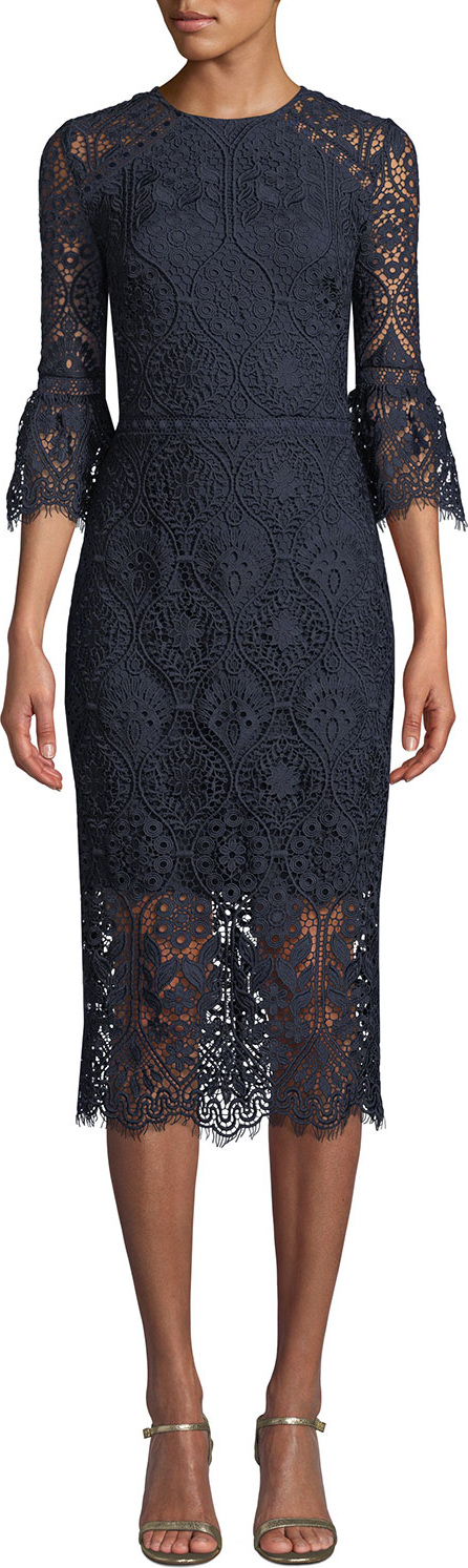 Shoshanna Louisa Lace Sheath Dress w/ Trumpet Sleeves