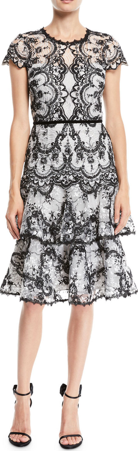 Marchesa Notte Corded Lace Dress w/ Embroidery & Velvet Trims