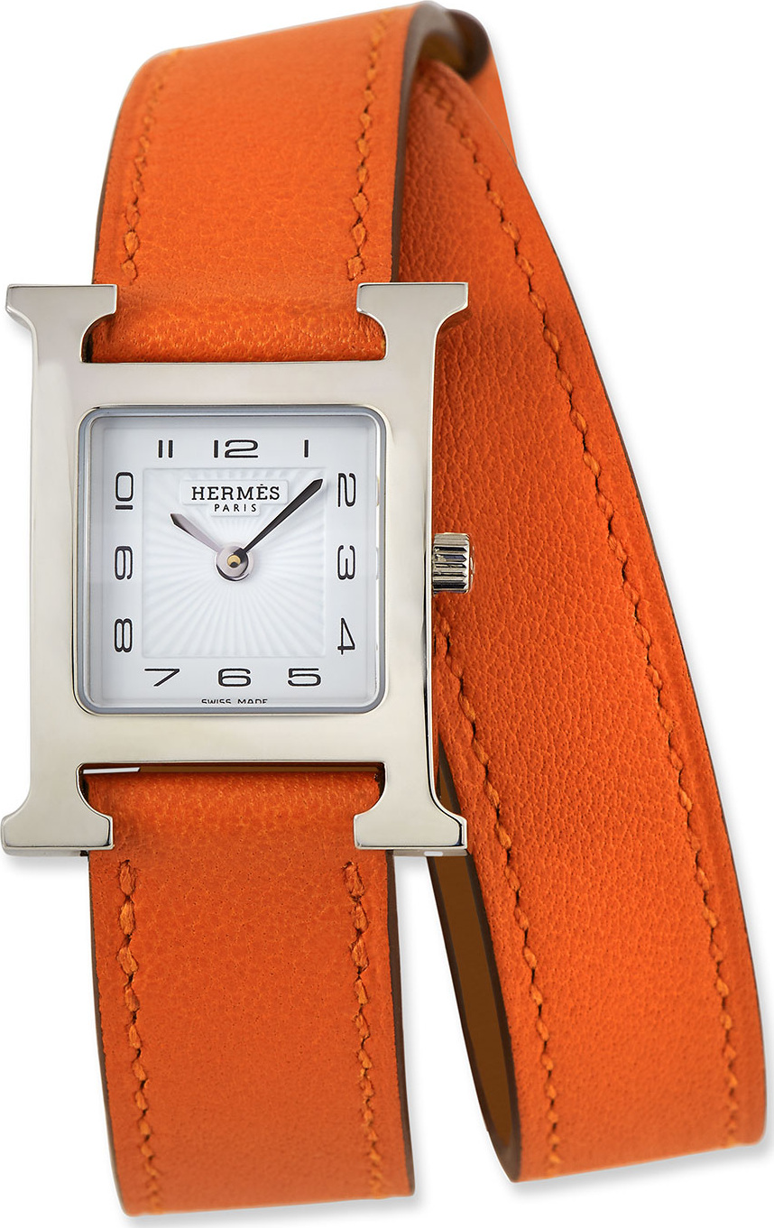HERMÈS Heure H PM Watch with Orange Leather Wrap Strap