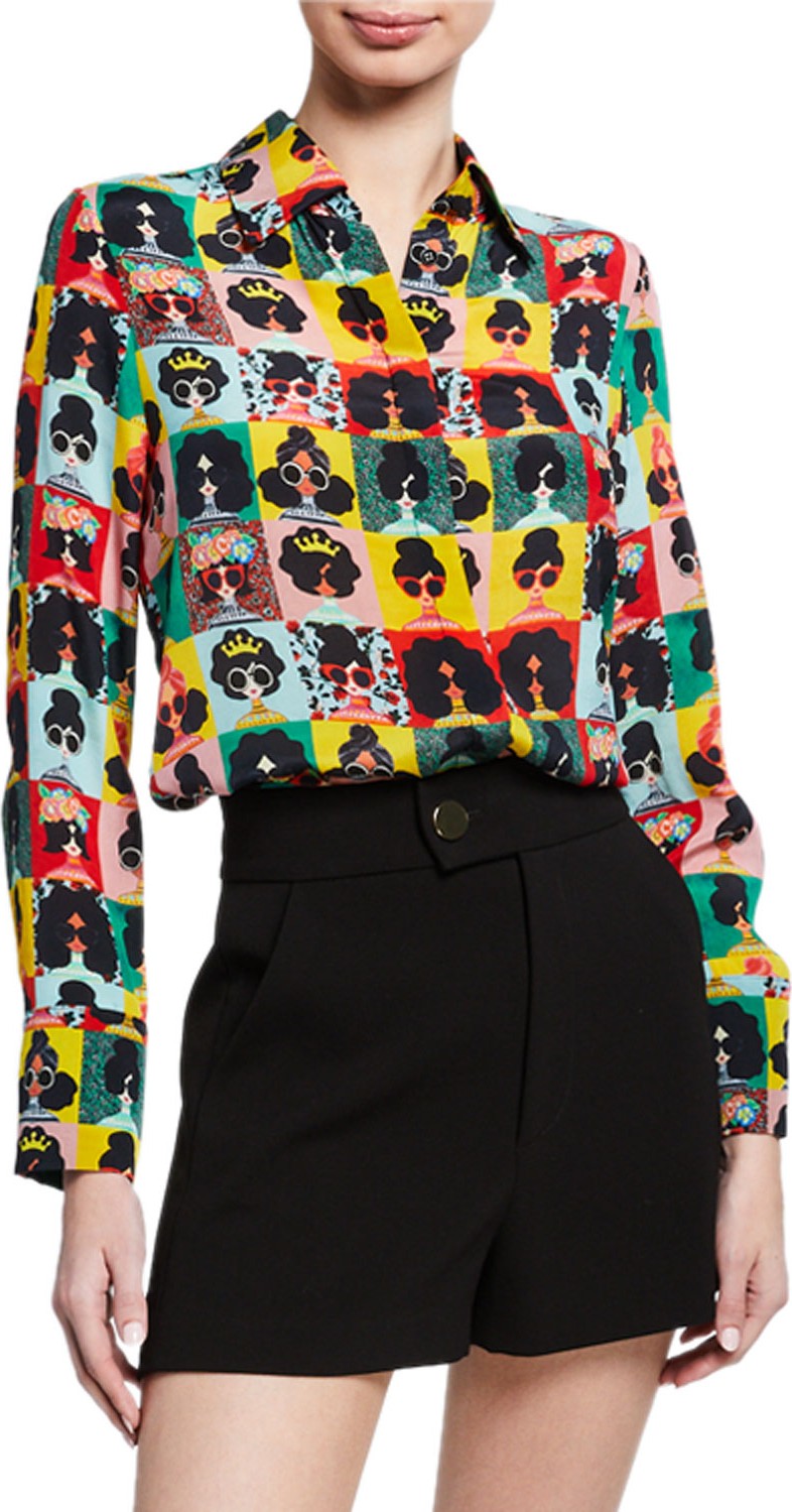 Alice + Olivia Willa Stace Face Silk Placket Top