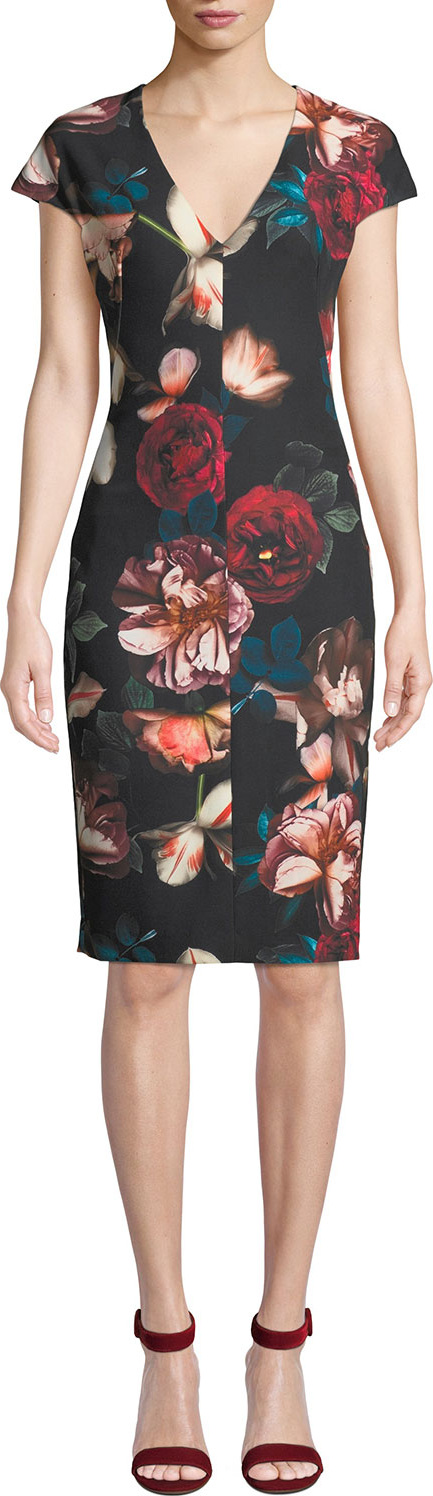 Black Halo Greyson Floral-Print Short-Sleeve Sheath Dress